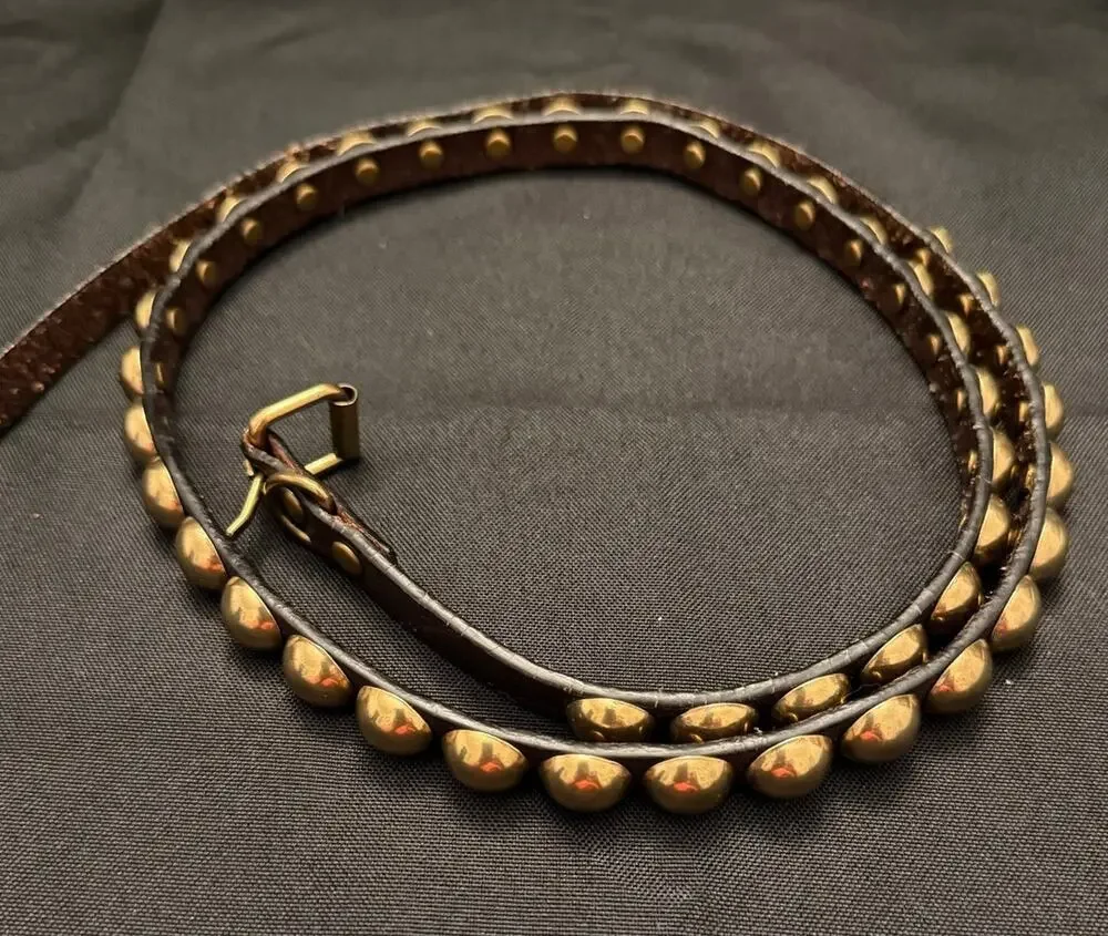 NWOT Punk Western Boho Skinny Brown Leather Composite Brass Studded Belt 40”